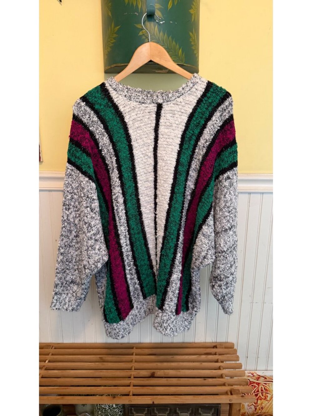 Vintage 80s Striped Chenille Sweater 3X Black White Green Pink Acrylic Blend